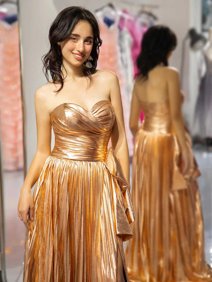 Strapless waist cinching irregular pleated side slit long skirt