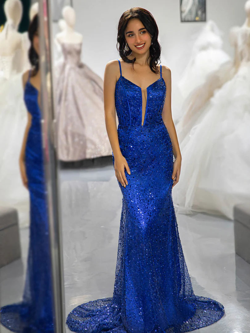 Deep V-strap waist cinching Royal Blue sequin beaded ball gown