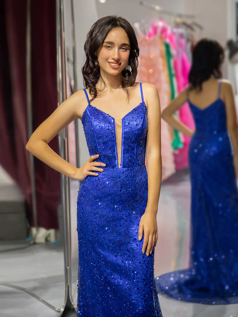 Deep V-strap waist cinching Royal Blue sequin beaded ball gown