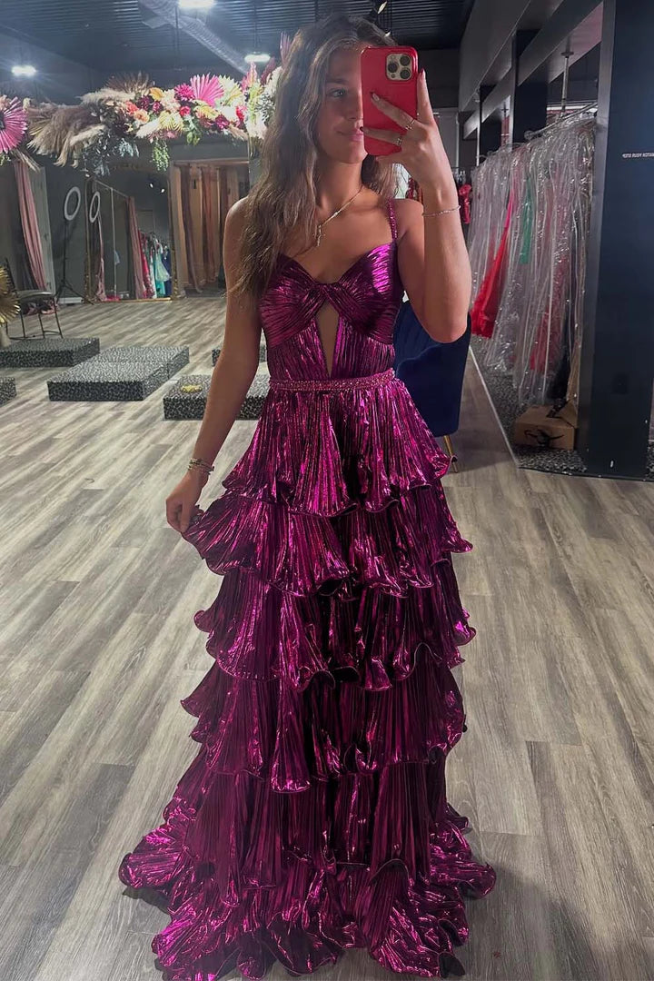 Deep purple pleated ball dress with pleated edges long skirt