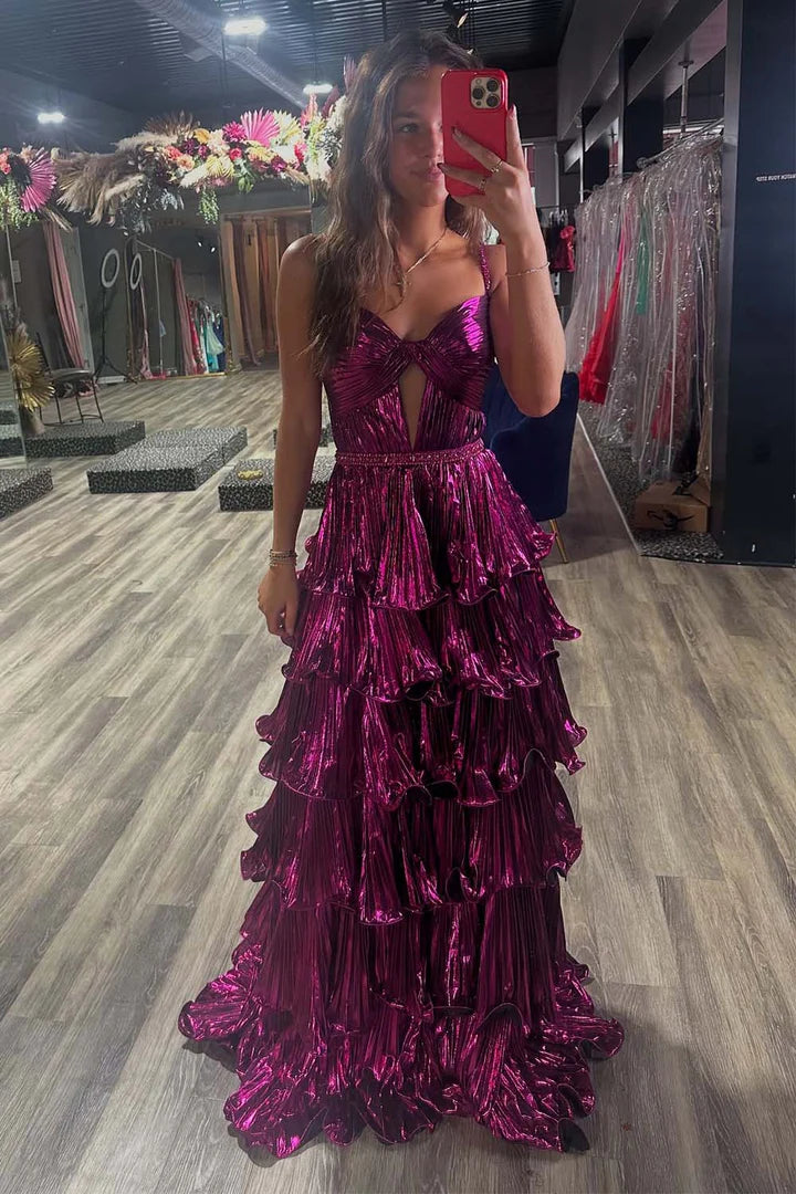 Deep purple pleated ball dress with pleated edges long skirt