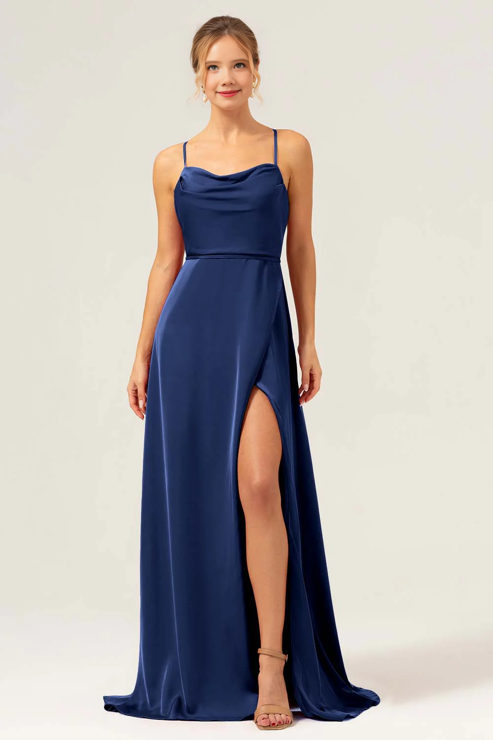 A-line high neck long satin bridesmaid dress with exposed shoulder straps and split ends