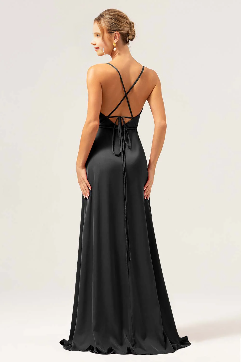 A-line high neck long satin bridesmaid dress with exposed shoulder straps and split ends