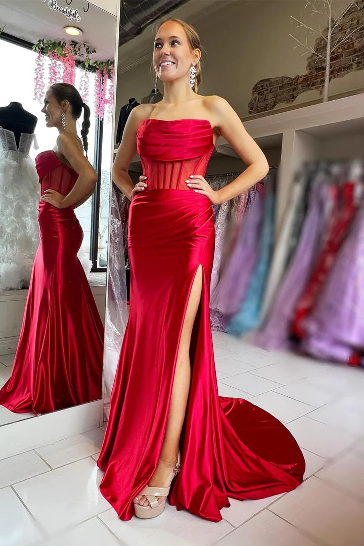 Strapless Swing Neck Transparent Tight Fishbone Chest Split Ball Dress