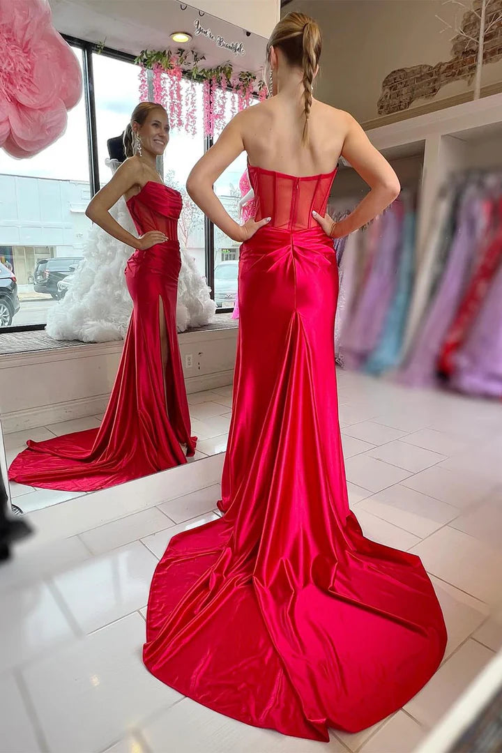 Strapless Swing Neck Transparent Tight Fishbone Chest Split Ball Dress