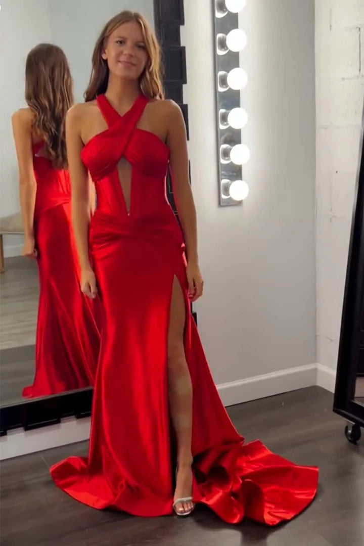 Cross hanging neck backless side slit ball dress