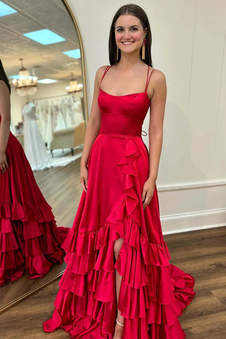 Thin camisole backless strap ruffle edge cute ball dress with slit