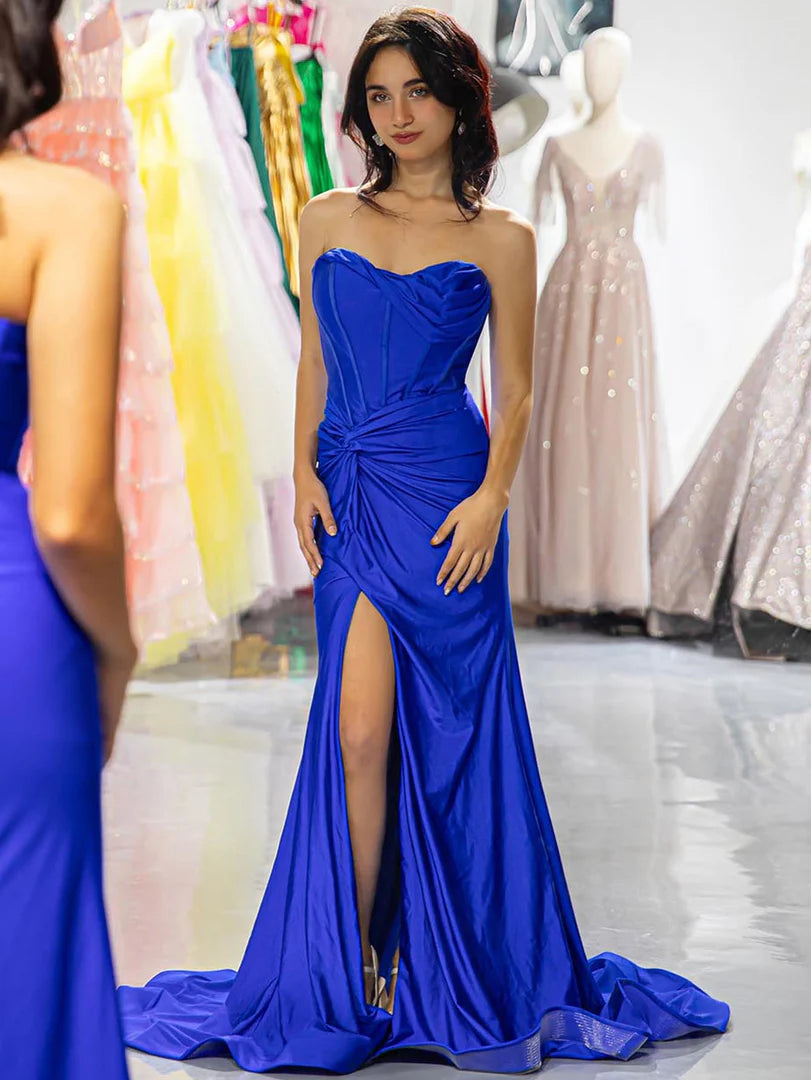 Strapless fishbone strapless irregular pleated design side slit long skirt