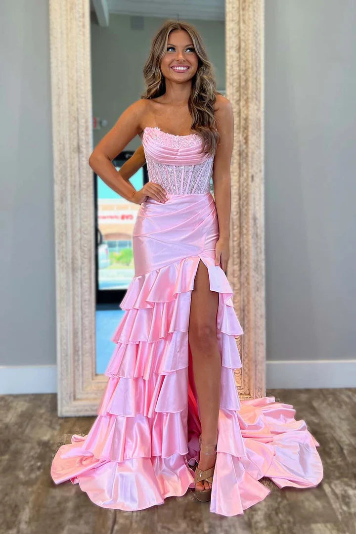 Strapless waist cinching hip hugging skirt long skirt floor mopping side split