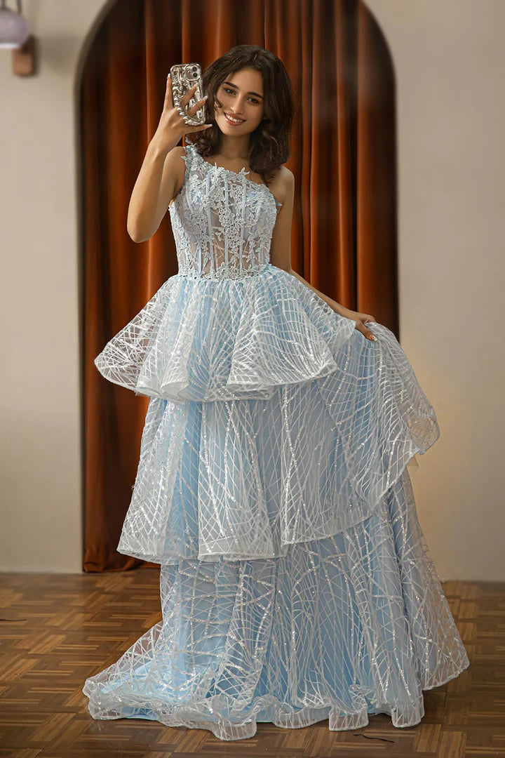 Single shoulder layered tight corset high-end ball dress
