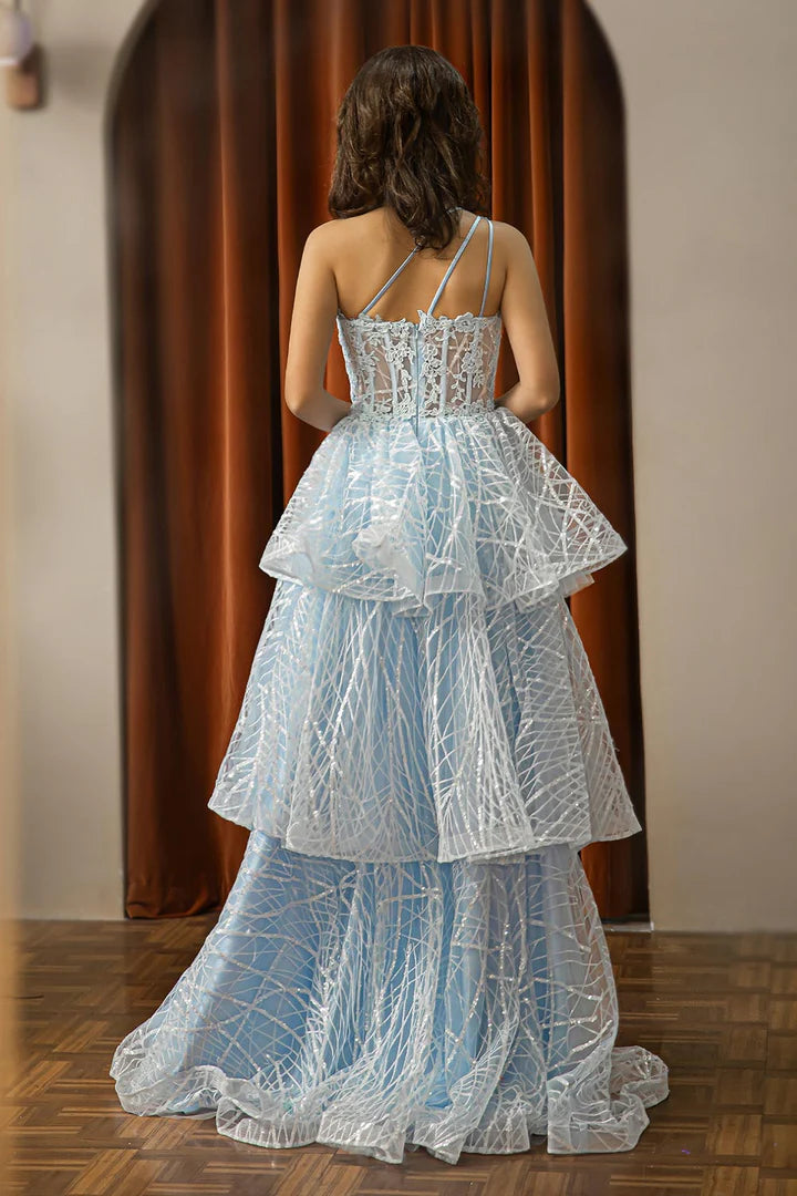 Single shoulder layered tight corset high-end ball dress