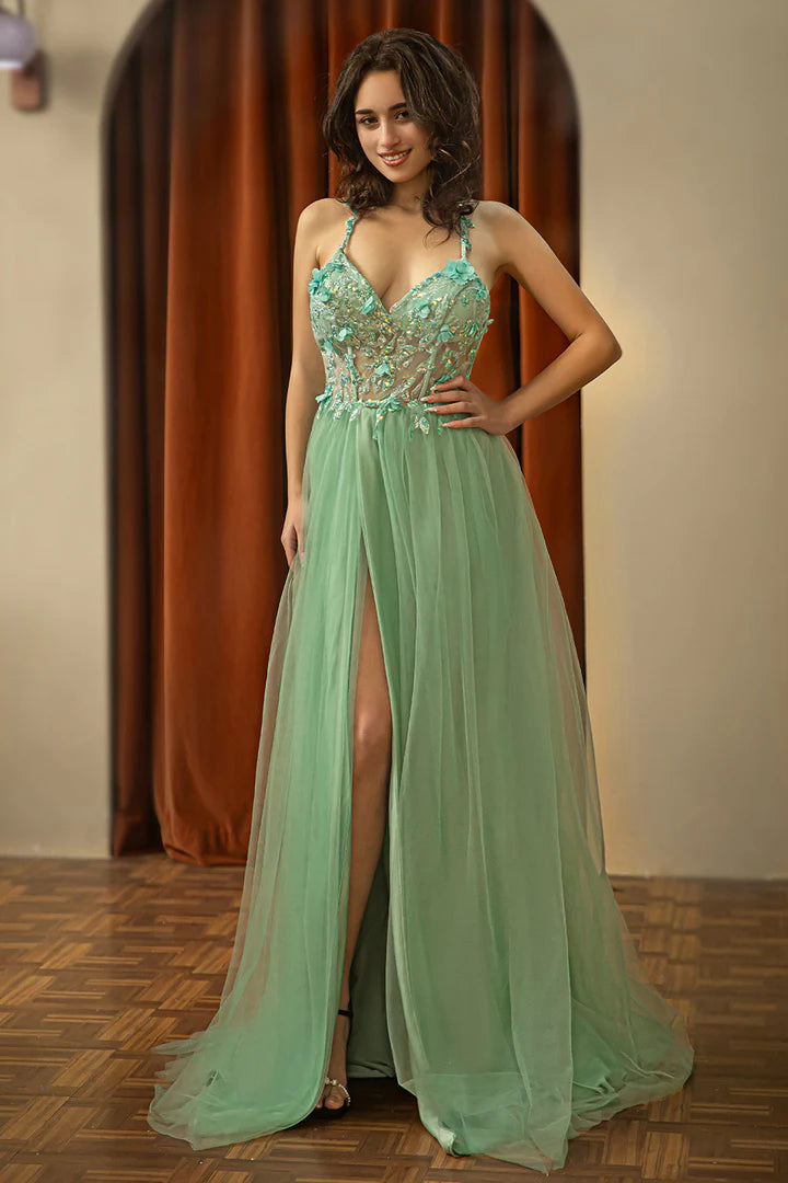 Deep V-strap backless beaded split ball gown