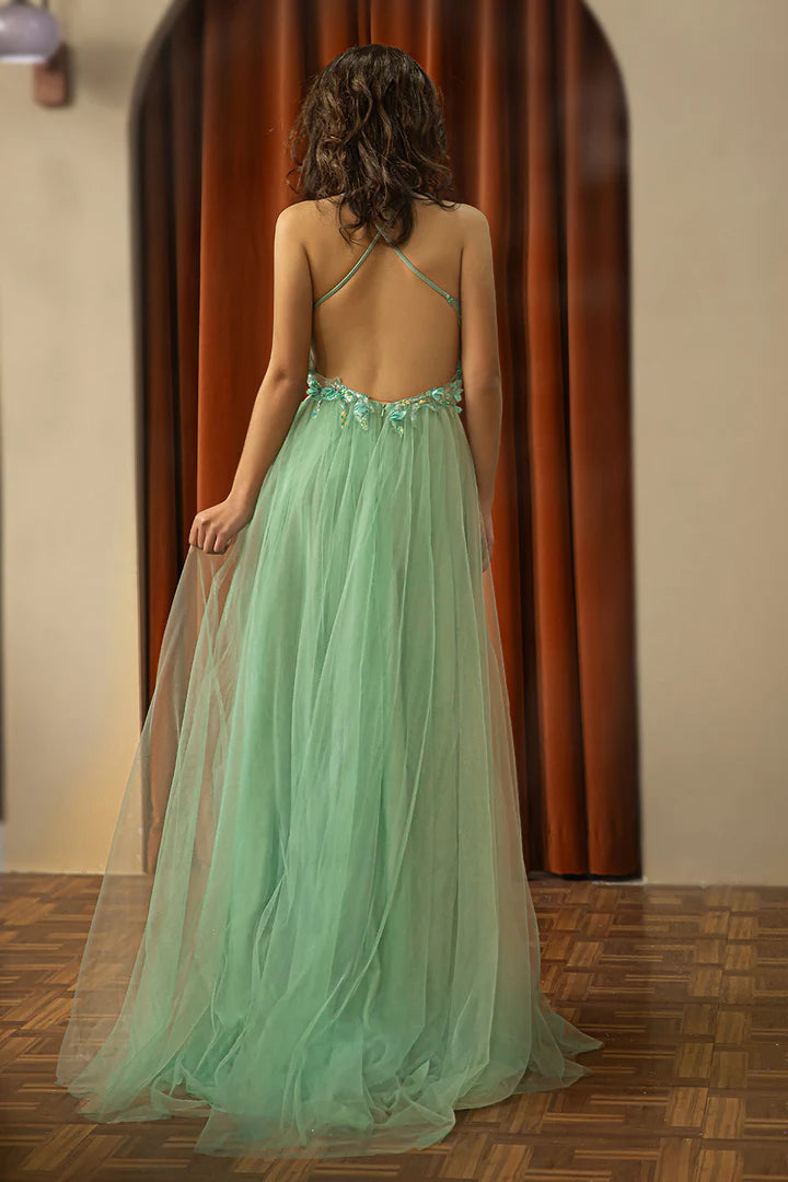 Deep V-strap backless beaded split ball gown