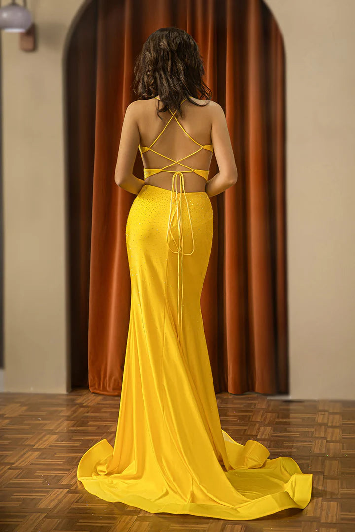 Deep V-thin camisole backless beaded yellow backless ball gown