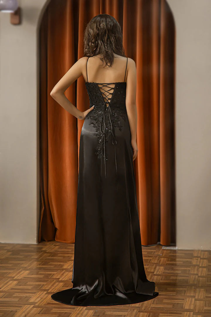 Black deep V-thin camisole lace pleated side slit ballroom dress