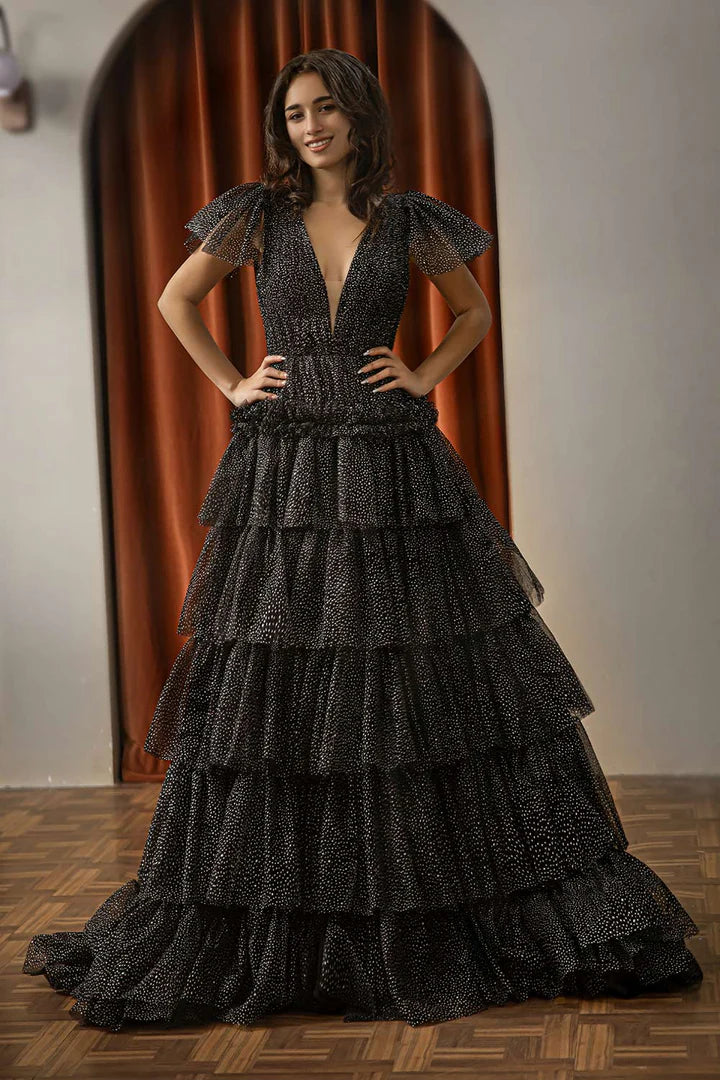Deep V-layered black backless cake dress cute ball dress