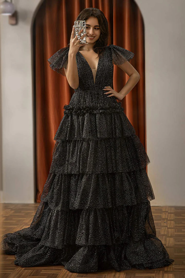 Deep V-layered black backless cake dress cute ball dress