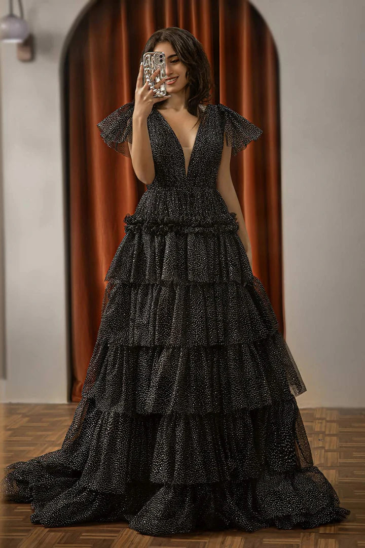 Deep V-layered black backless cake dress cute ball dress