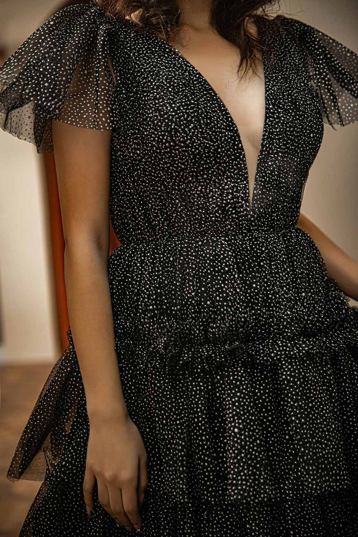 Deep V-layered black backless cake dress cute ball dress