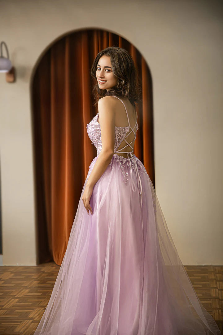Light purple suspender embroidered mesh high-end ball dress