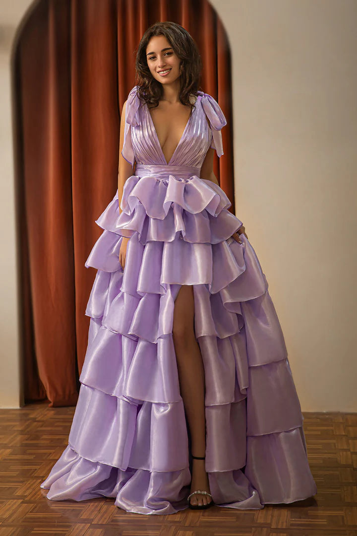 Deep V-layered premium cake dress, ball dress with slit