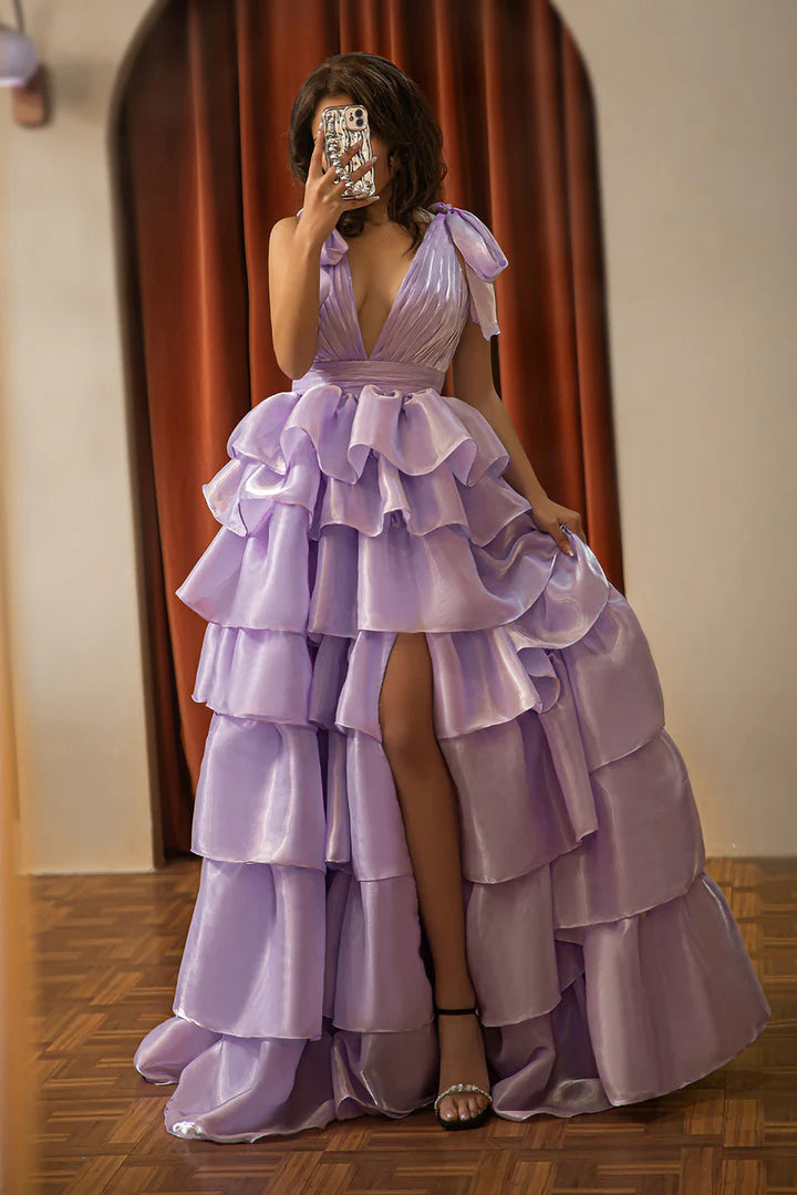 Deep V-layered premium cake dress, ball dress with slit