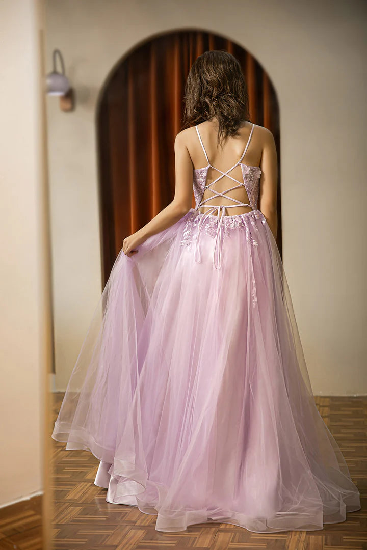 Light purple suspender embroidered mesh high-end ball dress