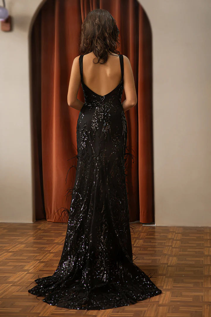 Black Sequin Slit Prom Dress with Feathers