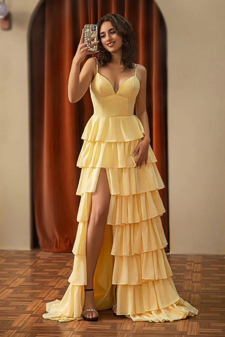 Deep V-strap cute yellow layered ball dress