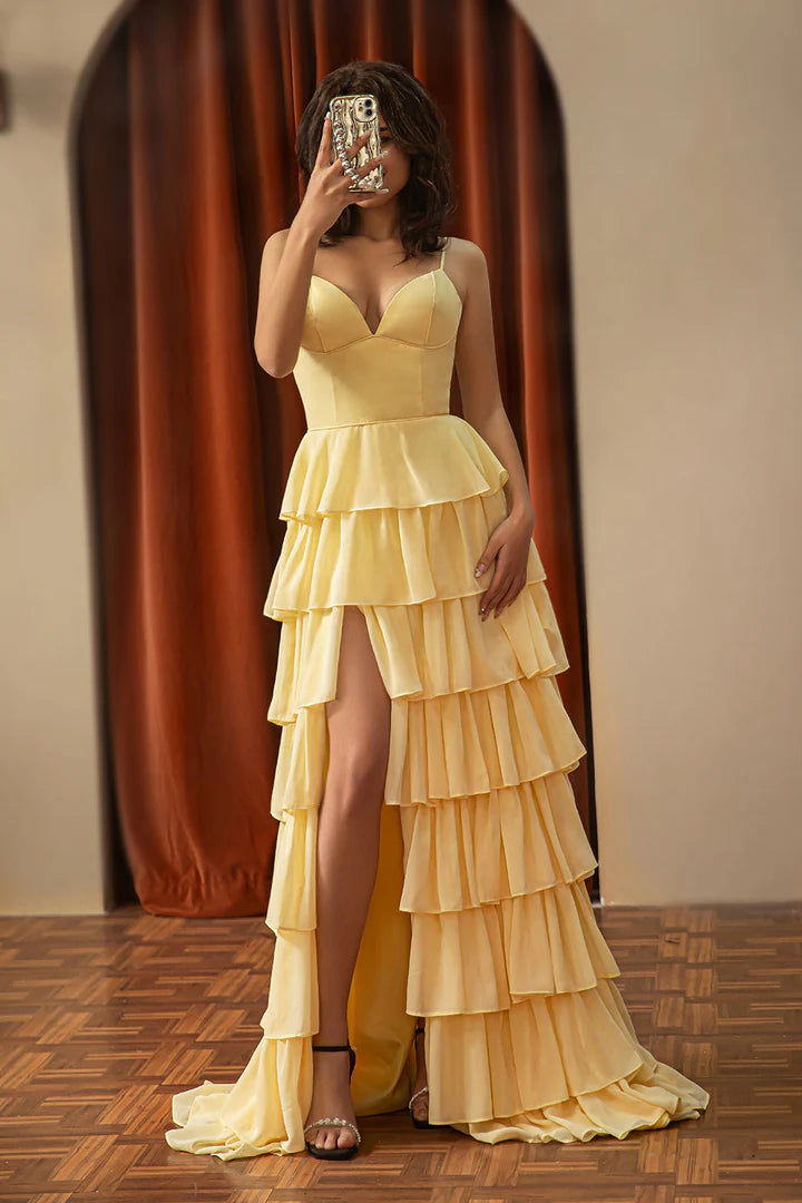 Deep V-strap cute yellow layered ball dress