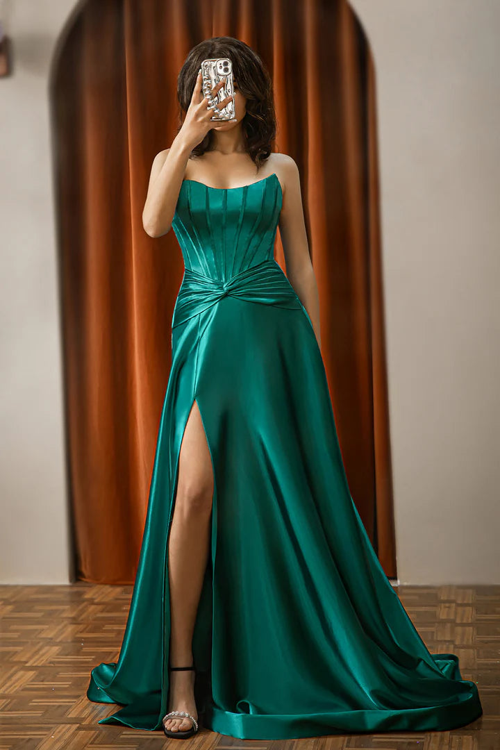 Strapless fishbone corset satin slit ball gown