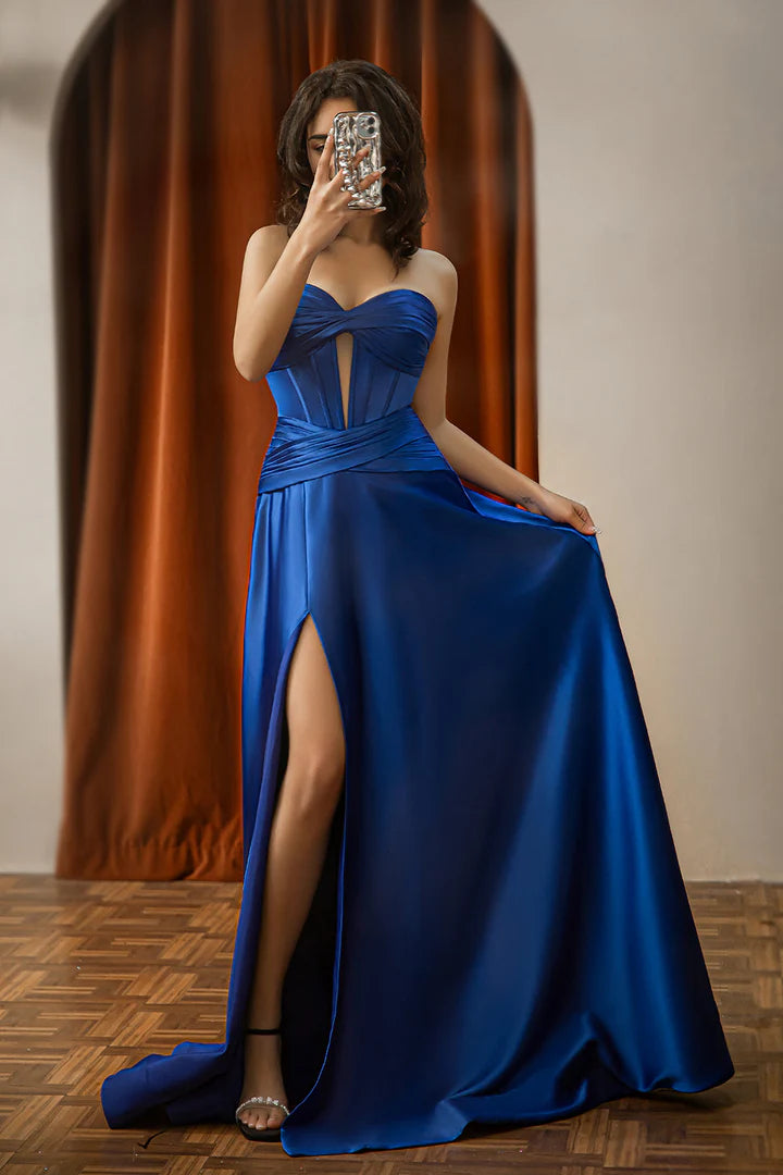Strapless strapless strapless pleated slit ball gown with keyhole
