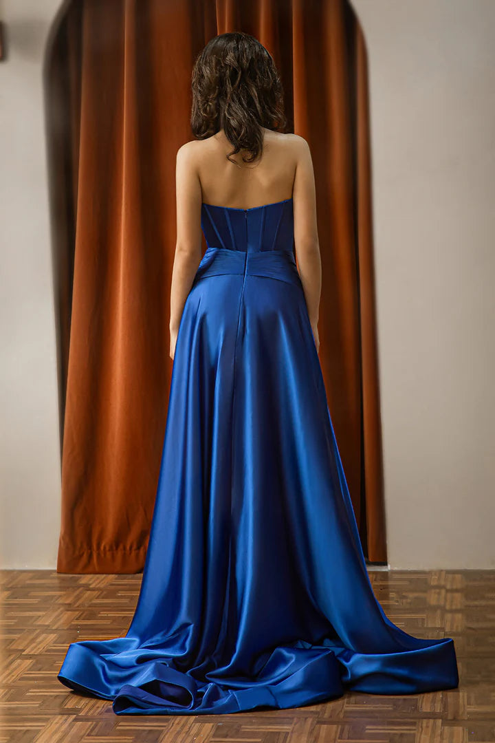 Strapless strapless strapless pleated slit ball gown with keyhole