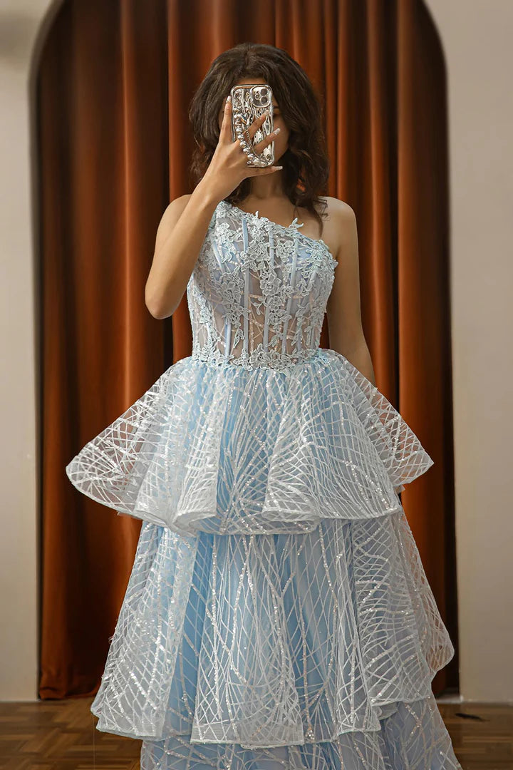 Single shoulder layered tight corset high-end ball dress