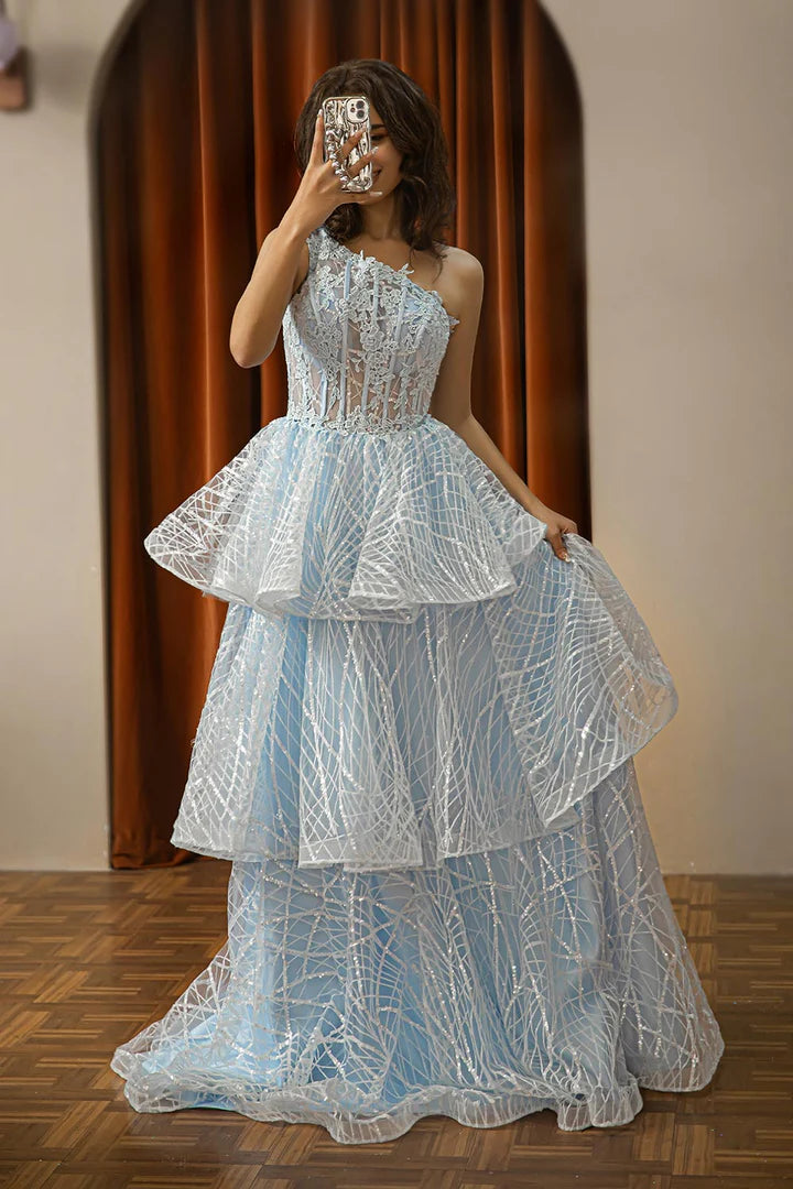 Single shoulder layered tight corset high-end ball dress