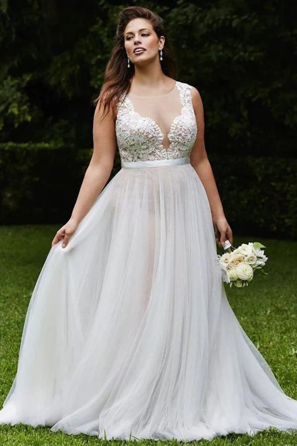 Sleeveless transparent lace decal wedding dress