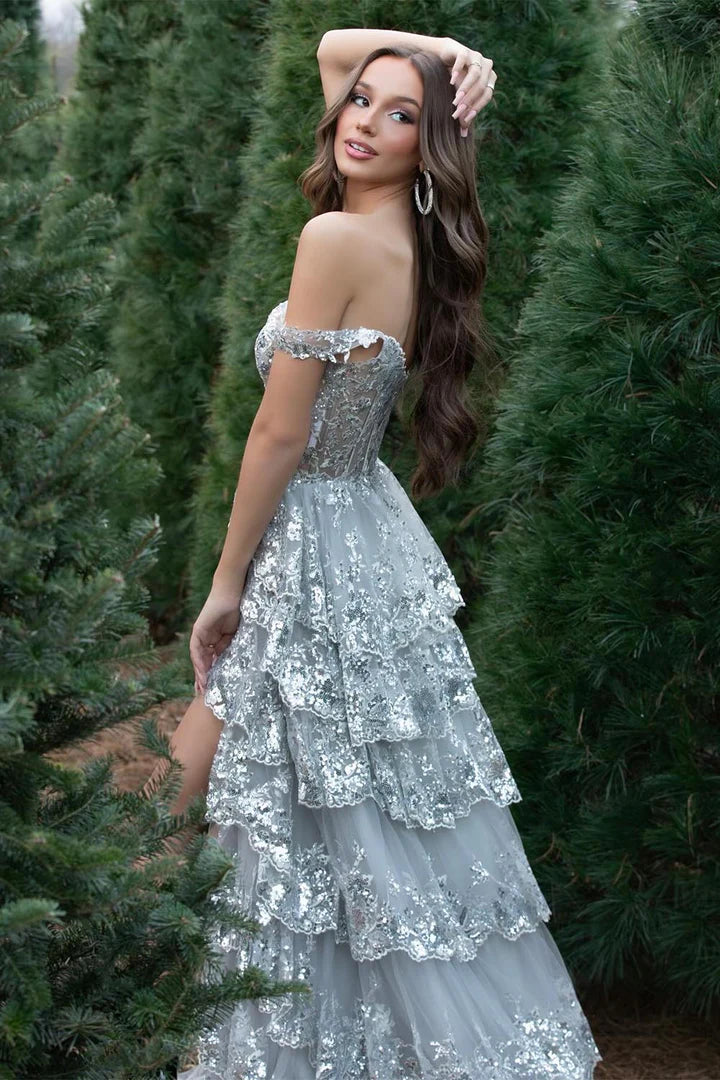 Off shoulder deep v fishbone corset pleated layered side slit ballroom dress
