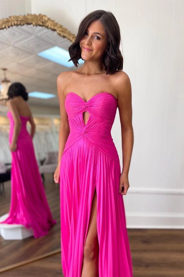 Sweetheart pleated strapless high waist high slit ball dress