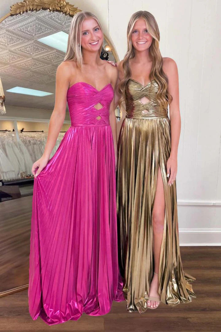 Strapless pleated metal ball skirt with keyhole, long skirt with side slit