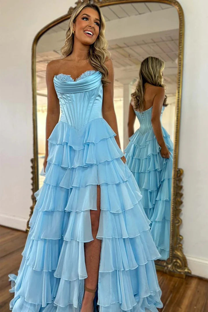 Strapless Satin Corset Prom Dress with Chiffon Ruffle Skirt