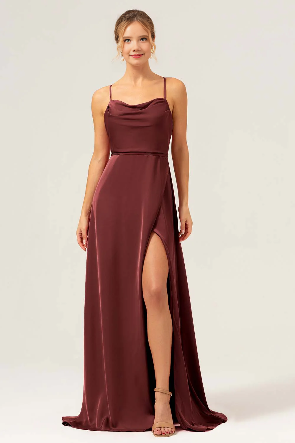 A-line high neck long satin bridesmaid dress with exposed shoulder straps and split ends