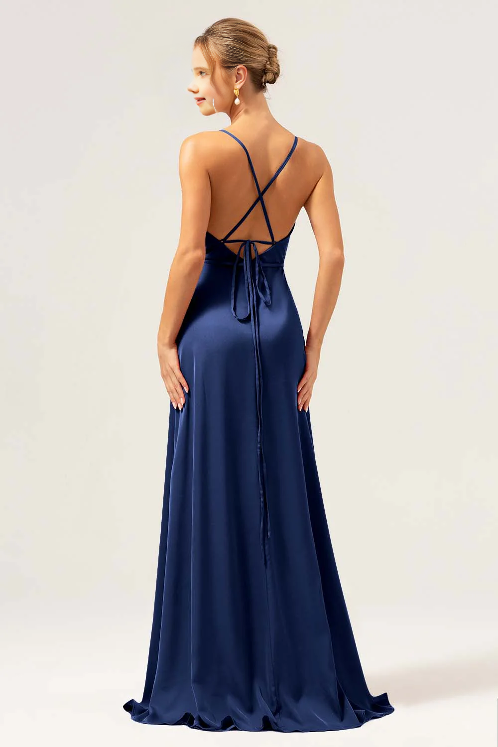 A-line high neck long satin bridesmaid dress with exposed shoulder straps and split ends