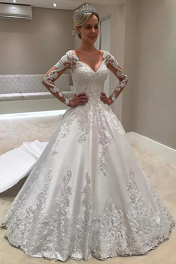 Elegant long sleeved dance dress with lace decal for women's wedding dress