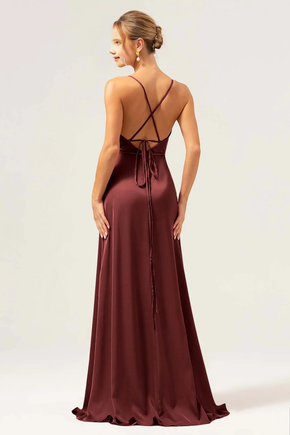 A-line high neck long satin bridesmaid dress with exposed shoulder straps and split ends