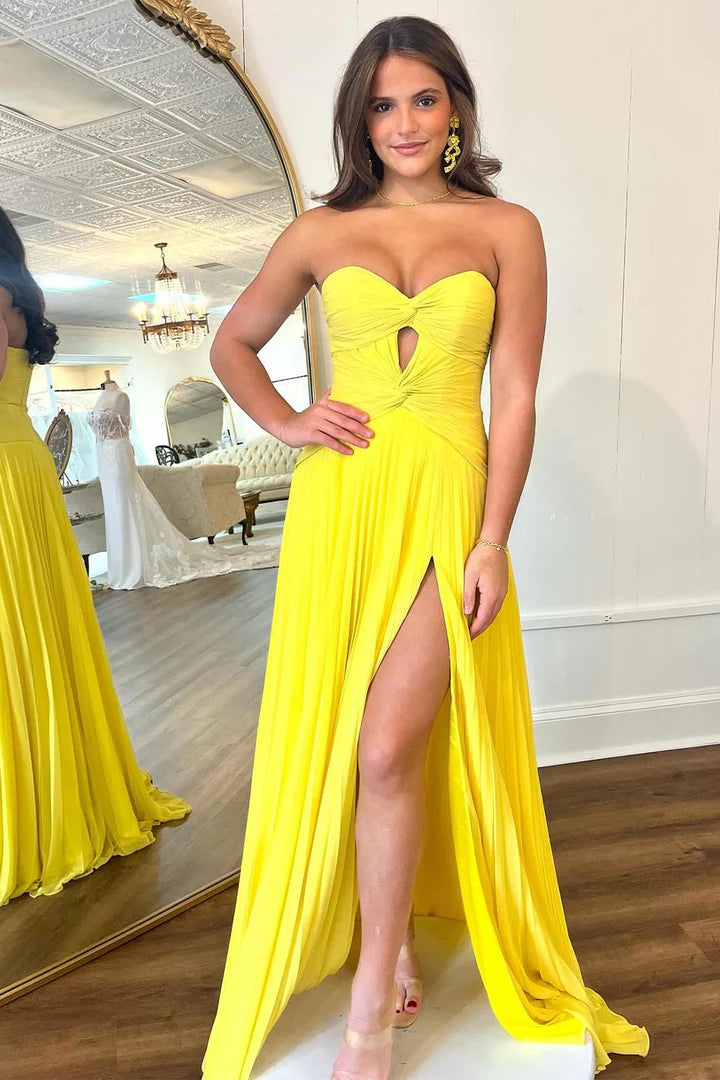 Sweetheart pleated strapless high waist high slit ball dress