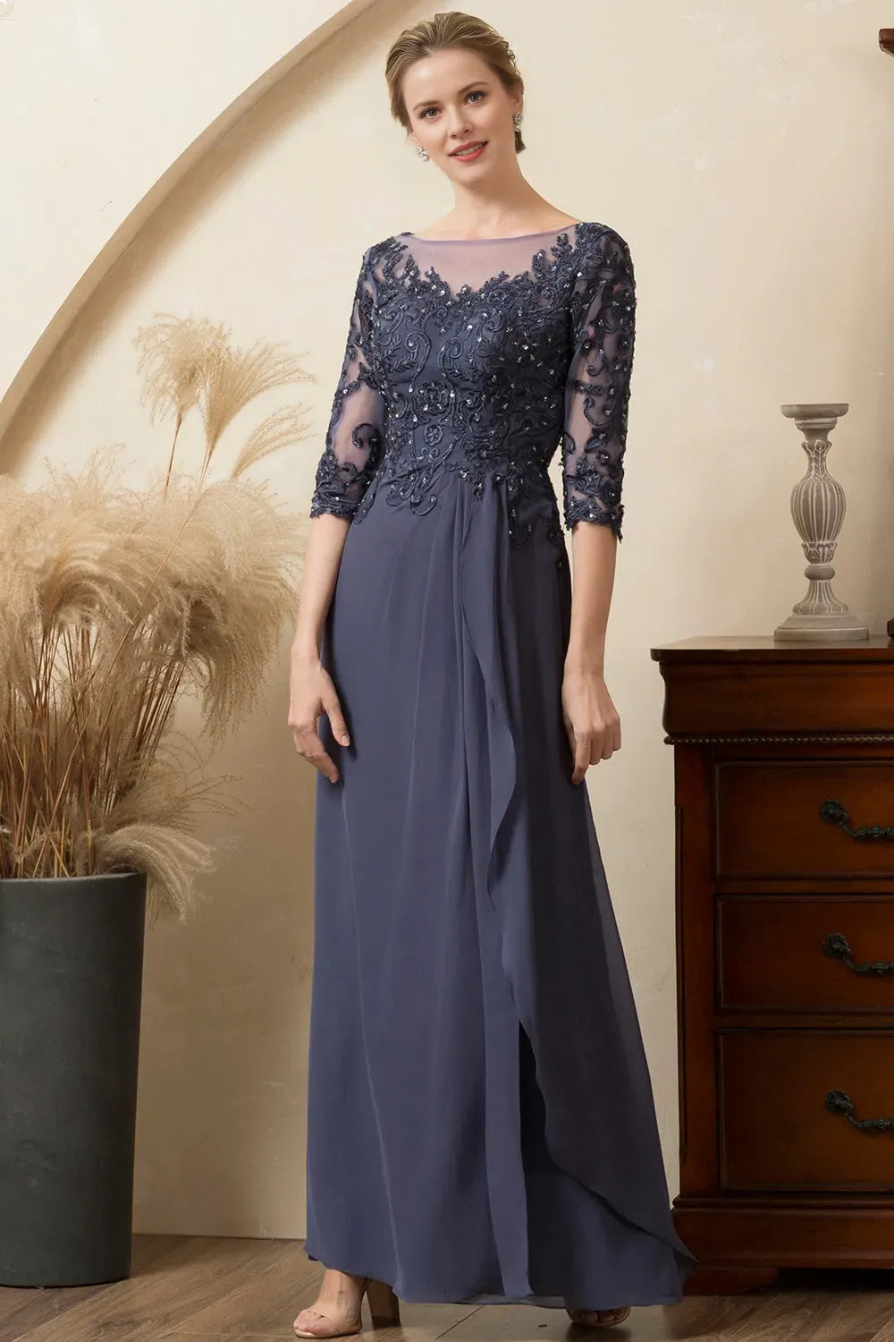 Glitter Grey A-Line Illusion Neck Lace Beaded Half Sleeve Zip-Back Ankle-Length Mother of the Bride Dress
