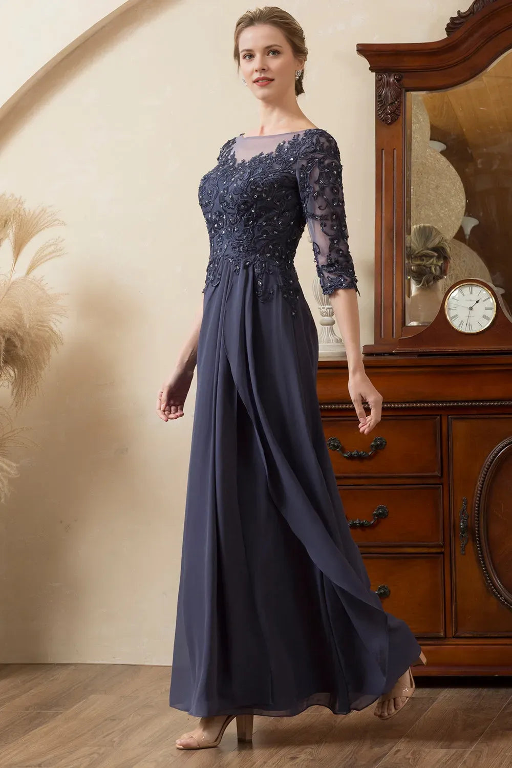 Glitter Grey A-Line Illusion Neck Lace Beaded Half Sleeve Zip-Back Ankle-Length Mother of the Bride Dress