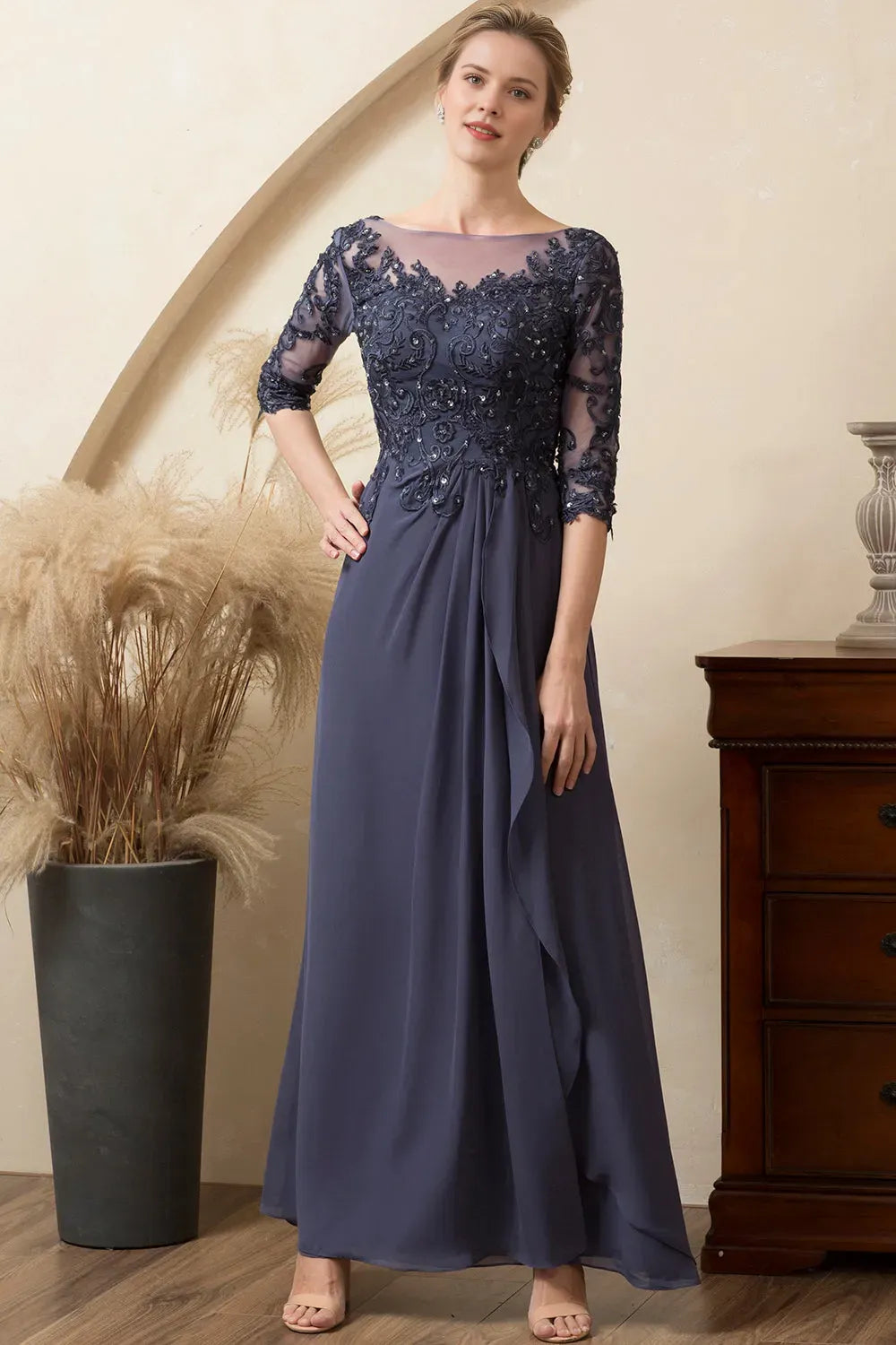 Glitter Grey A-Line Illusion Neck Lace Beaded Half Sleeve Zip-Back Ankle-Length Mother of the Bride Dress