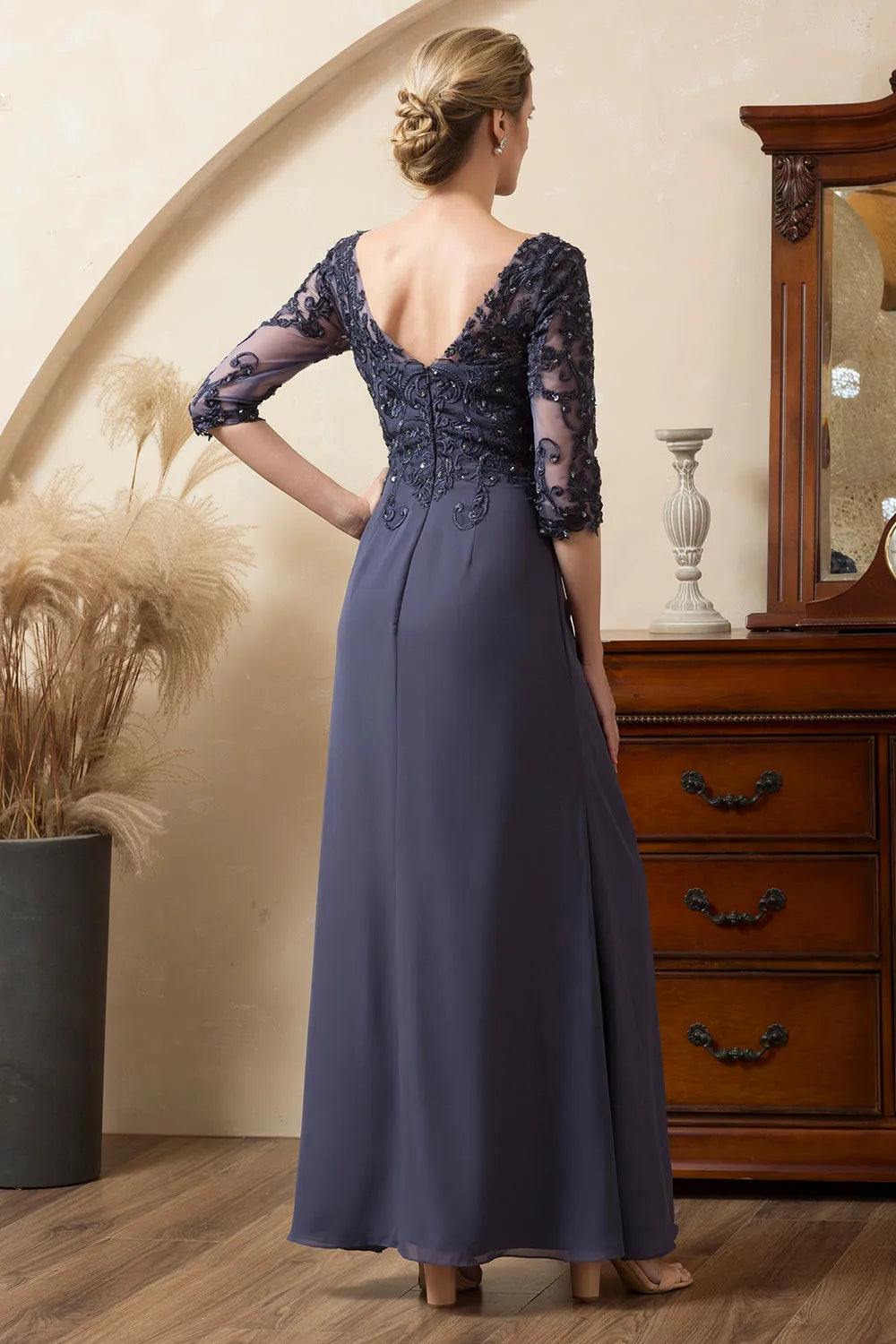 Glitter Grey A-Line Illusion Neck Lace Beaded Half Sleeve Zip-Back Ankle-Length Mother of the Bride Dress
