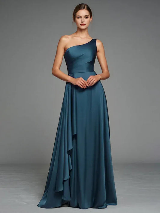 Ink Blue Prom Dresses Elegant One Shoulder Sleeveless A Line Ruffles Maxi With Slit hot sale